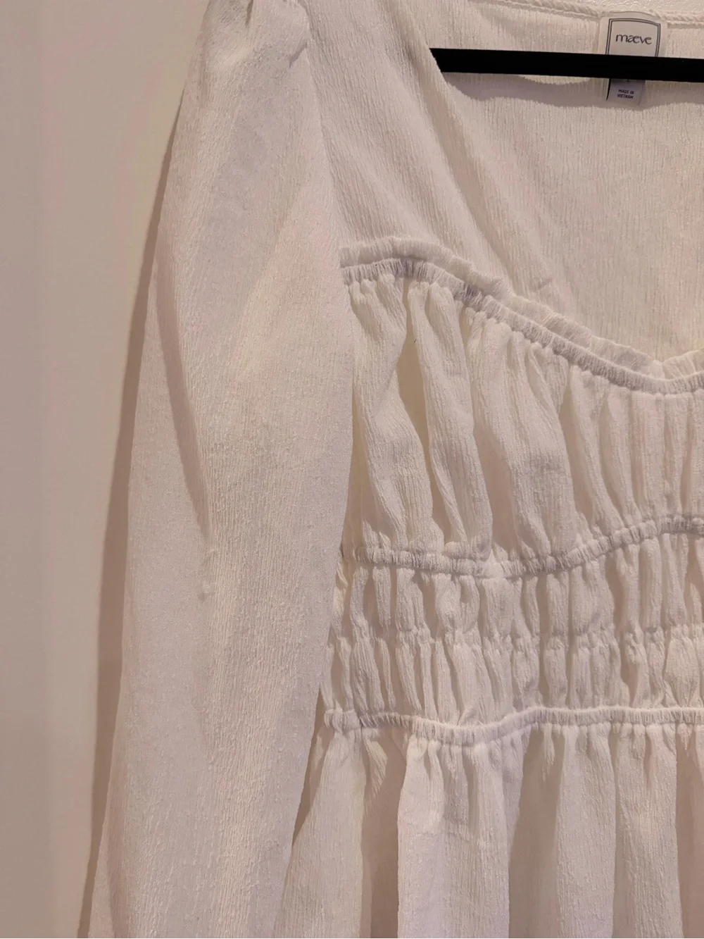 Anthropologie White Smocked Peplum Long Sleeve Blouse